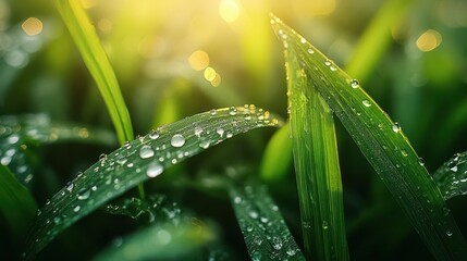 Naklejka premium dew drops glistening on blades of grass capturing natures beauty in a serene closeup evoking freshness and tranquility of the natural world
