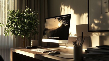 A cozy home office scene featuring a desktop computer bathed in soft sunlight, with a lush plant and stylish decor for an inspiring workspace.