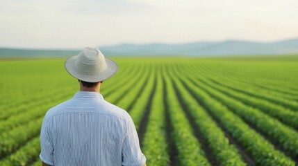 A contemporary farmer inspects the irrigation setup, utilizing advanced farming technology, surrounded by vast, lush green landscapes.