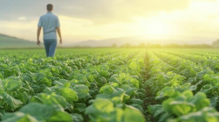 Fototapeta premium A contemporary farmer strolls through advanced agricultural fields, lush greenery glistening under the soft glow of dawn.