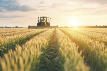 Fototapeta premium Modern farmer using smart sensors in the field, tech-integrated farm equipment, golden sunlight
