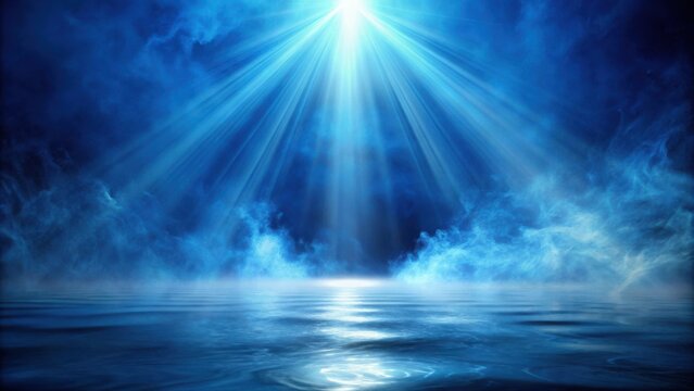 Mystical blue sky with swirling clouds and a single spotlight shining through, reflected in the calm water below
