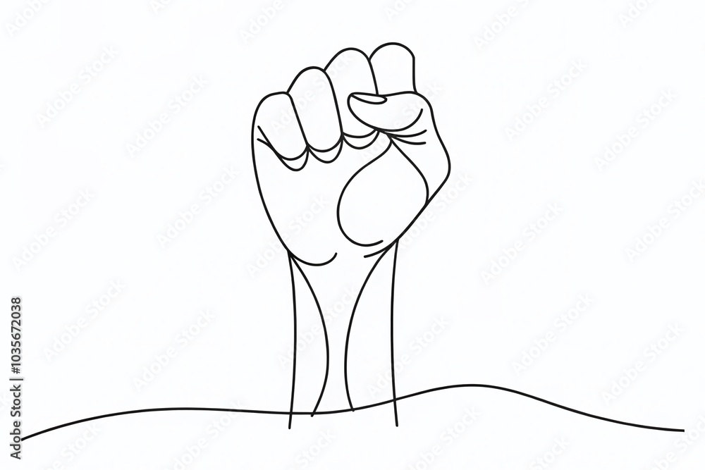 Poster continuous line art of a fist upwards with copy space for empowerment themes