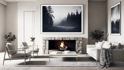 Modern living room with a cozy fireplace and nature-themed wall art
