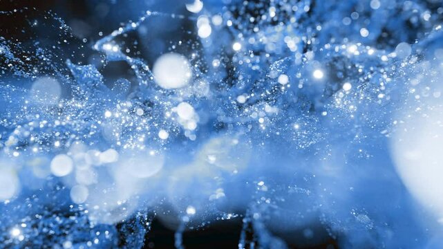 Slow-motion blue glitter backdrop with blue particles drifting gracefully against a dark background