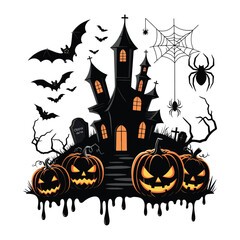 Creepy Halloween Vector Haunted House and Spooky Webs