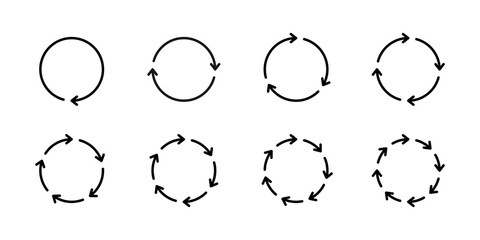 Fototapeta premium Set of eight schematic diagrams with black thin arrows located in circle with step of 1, 2, 3, 4, 5, 6, 7, 8. Vector illustration of cycles, processes, circulation, data processing.