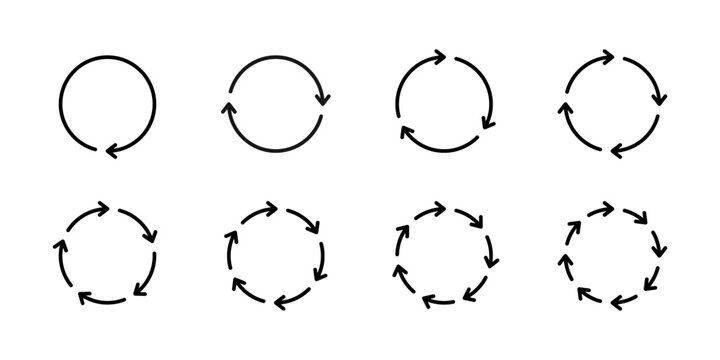 Set of eight schematic diagrams with black thin arrows located in circle with step of 1, 2, 3, 4, 5, 6, 7, 8. Vector illustration of cycles, processes, circulation, data processing.