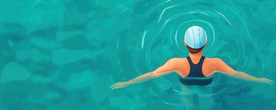 Athletic woman swimming laps in a pool, goal-driven, focused on fitness progress, flat design illustration