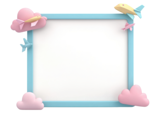 A whimsical frame featuring pastel clouds and playful airplanes, perfect for decorating children's art or photo displays.