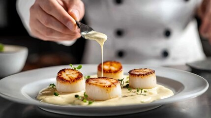 A chef plating potato scallops with precision, drizzling cream sauce over the top, creating a gourmet presentation