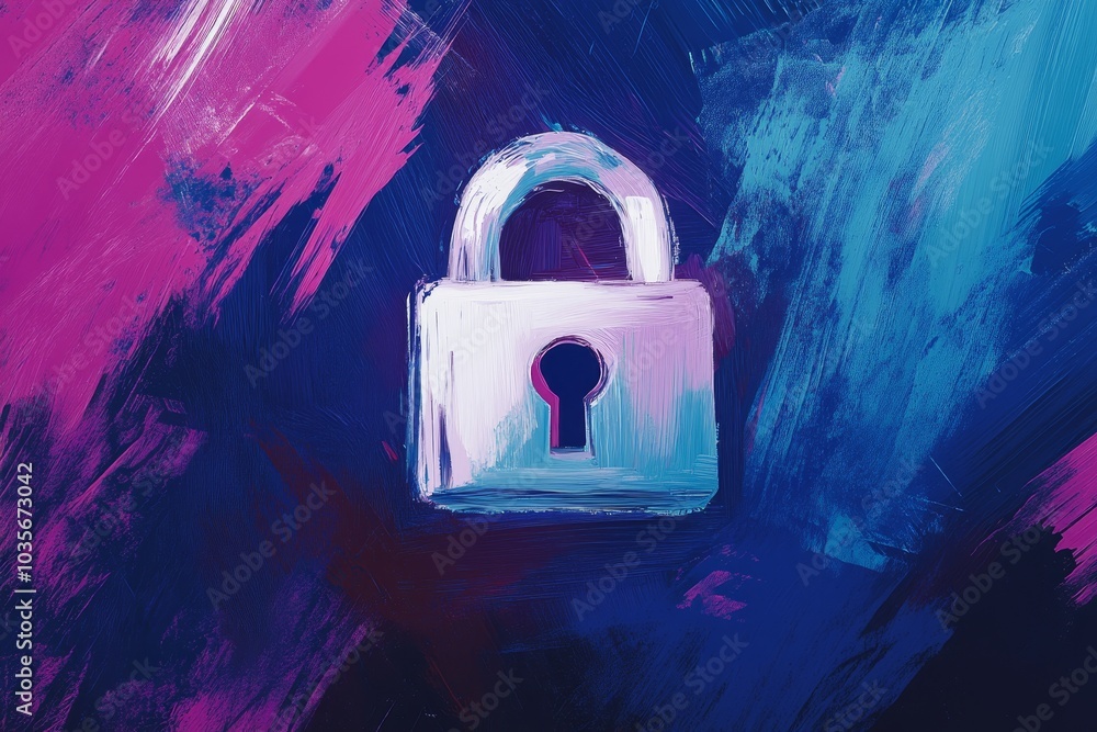 Poster 3d rendering of a lock symbol overlaid with blue and pink code to symbolize cybersecurity and data s