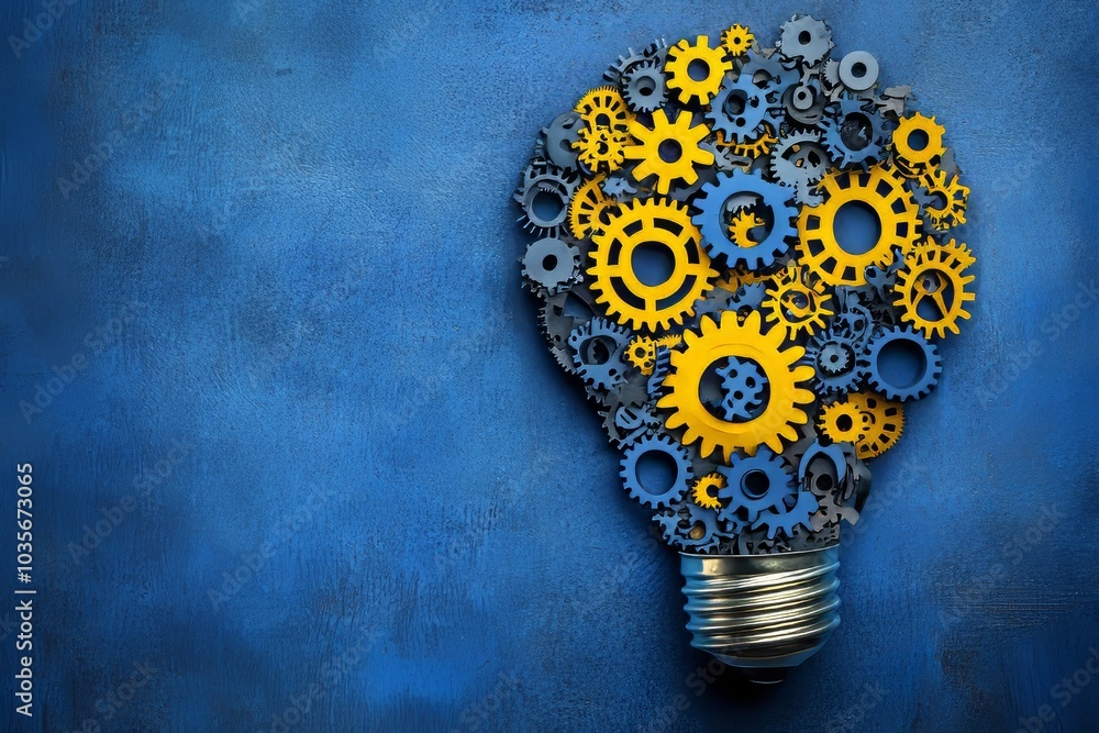 Poster presented on a blue background is a 3d rendering showing a gear light bulb displaying innovation, te