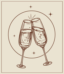 Two glasses of champagne Illustration. celebration, holidays Outline vector. hand drawn sketch