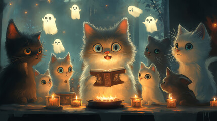 A group of cats gathered around a storyteller, with one cat animatedly recounting a spooky tale. Background decorations include floating ghost figures and flickering candles.