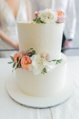 large three-tiered cake at a wedding with decor delicious beautiful