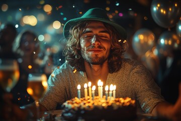 During a club birthday party, a young man blows out the candles on the birthday cake