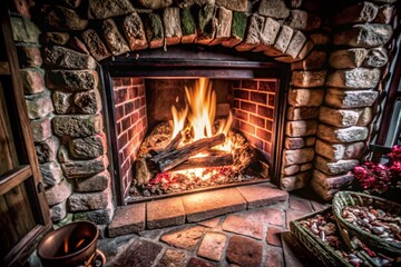 Cozy Closeup of a Burning Fireplace in a Detached House for Warmth and Comfort