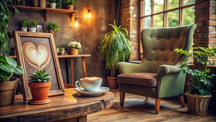 Fototapeta premium Cozy Coffee Shop Corner with Armchair, Chalkboard, and Cappuccino for Relaxation and Inspiration