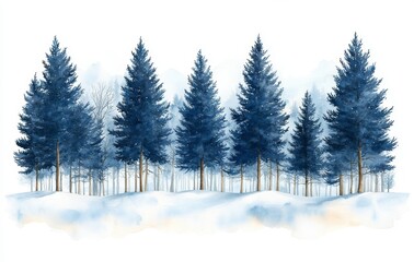 Obraz premium Watercolor illustration of a snowy forest, Christmas fir trees, winter nature, conifers, holiday background, rural landscape, outdoor scene, isolated on white