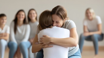 Two women embrace warmly in a supportive group setting, AI