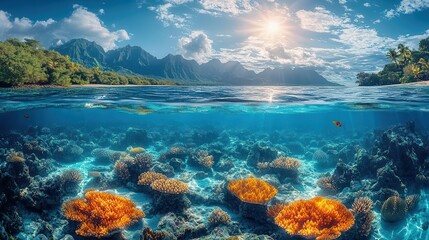 Naklejka premium dramatic split view underwater captures serene sea life above and sunlit sky below merging two worlds in a breathtaking scene that emphasizes tranquility and natural beauty