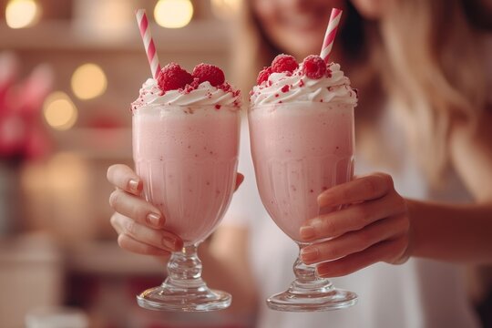 Romantic couple sharing milk shake using straws from the same gl, Generative AI