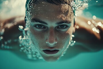 Male swimmer turning over in swimming pool, Generative AI