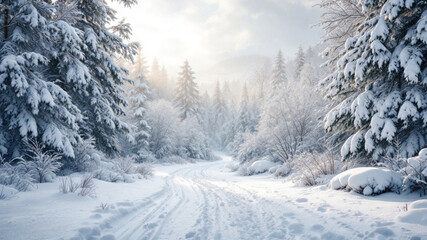 Sunlit snowy path through a winter wonderland background