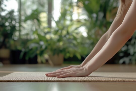 Closeup of woman arms and hands on the beige rubber mat on the floor. Blurry background with a lots of green plants. Woman is doing yoga, exercises or stretches. Fit healthy lifestyle.