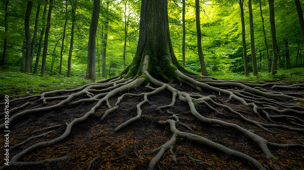 Aufkleber close-up view of intertwining tree roots in a lush forest setting