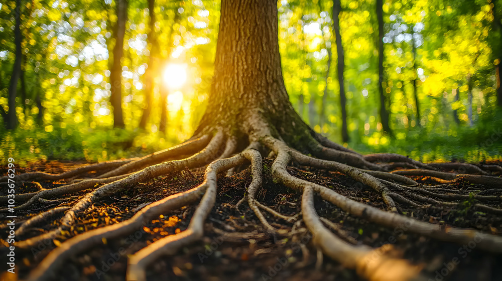 Aufkleber close-up of intertwining tree roots in a lush forest setting