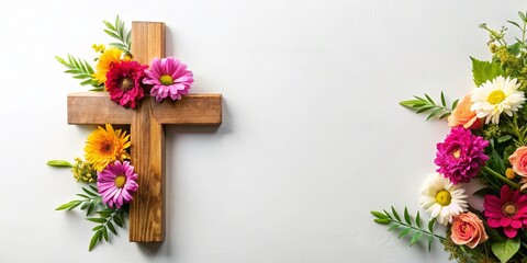 Obraz premium Wooden Cross with Flowers on White Background for Spiritual Reflection and Peaceful Decor