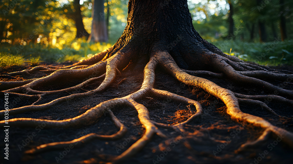 Aufkleber close-up of intertwining tree roots in a lush forest setting