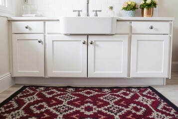 Patterned Rug A close up of a patterned rug in front of the sink