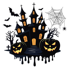 Creepy Halloween Vector Haunted House and Spooky Webs