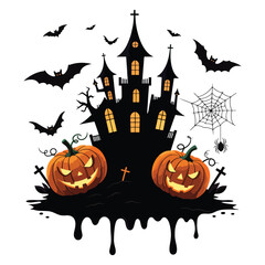Creepy Halloween Vector Haunted House and Spooky Webs