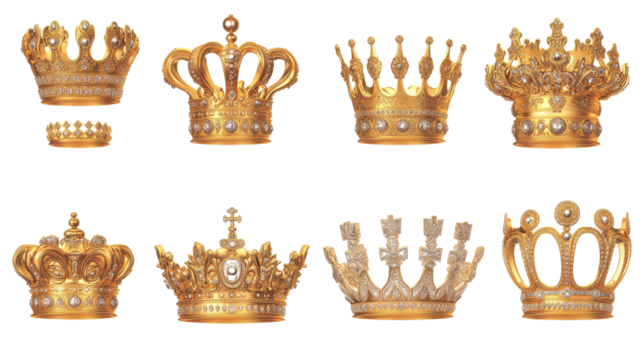 Collection of Exquisite King Crowns on a Transparent Background Generative AI