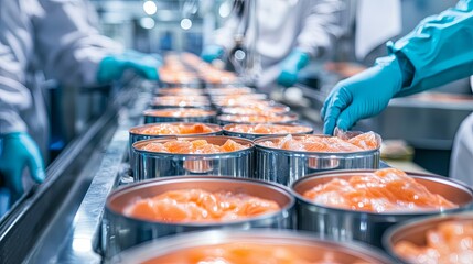 Obraz premium Canned Salmon Production Line: A Glimpse into the Food Industry