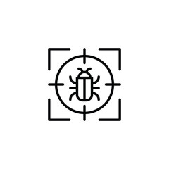 Malware bug target icon. Simple outline style. Network vulnerability, virus, malware, ransomware, fraud, spam, phishing, scam, hacker attack, IT security concept. Thin line symbol.