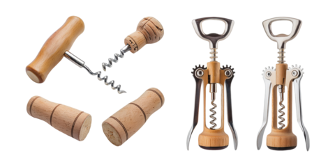 Wooden Wine Openers and Corkscrews Set Display, PNG set collection, isolated on transparent background