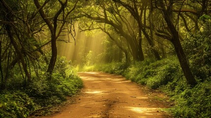 Obraz premium Sunbeams Through the Trees on a Forest Path