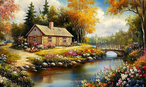 Oil Painting on Canvas: Summer Landscape Featuring a Charming Old Wooden House by the River, Surrounded by Beautiful Flowers and Trees