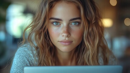 dynamic scene of a busy young hispanic businesswoman confidently working on her laptop in a bright modern office environment exuding professionalism