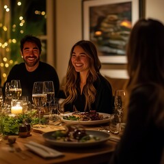 A group of friends sharing laughter and conversation over a delightful dinner, showcasing warmth and connection in an inviting, beautifully lit dining setting.