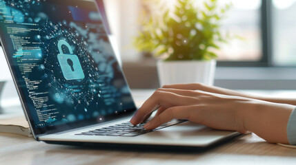 Typing a password on a laptop with a lock icon on the screen. Cybersecurity, secure Internet Connection, Advanced Security Encryption, data security and data access
