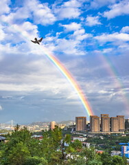 Rainbow over Vladivostok. Summer landscape.