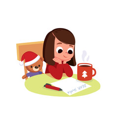 Girl, sitting at a table, is writing a letter to Santa Claus,  ponders, shares her Christmas wishes on festive paper. Beside her is a cup of hot cocoa, chocolate. Magical, peaceful holiday atmosphere.