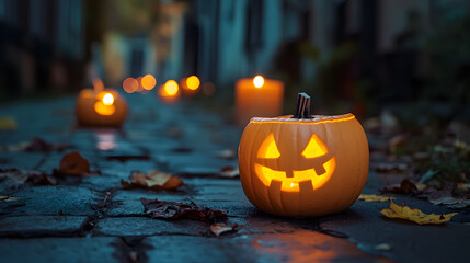 A photo of eerie Halloween candles flickering in the wind, with a dark alley as the background, during midnight