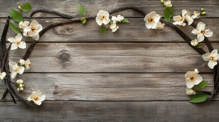 A flat lay arrangement of vanilla beans and blossoms on a weathered wooden background, ideal for use in cooking or crafting.